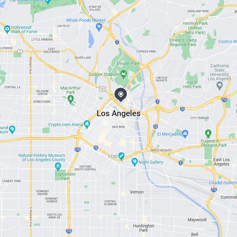 A map of los angeles with the location marked in blue.