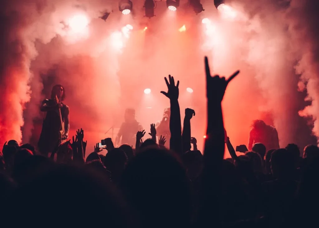 A crowd of people at an event with their hands in the air.