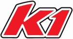 A red k logo with black outline on it.